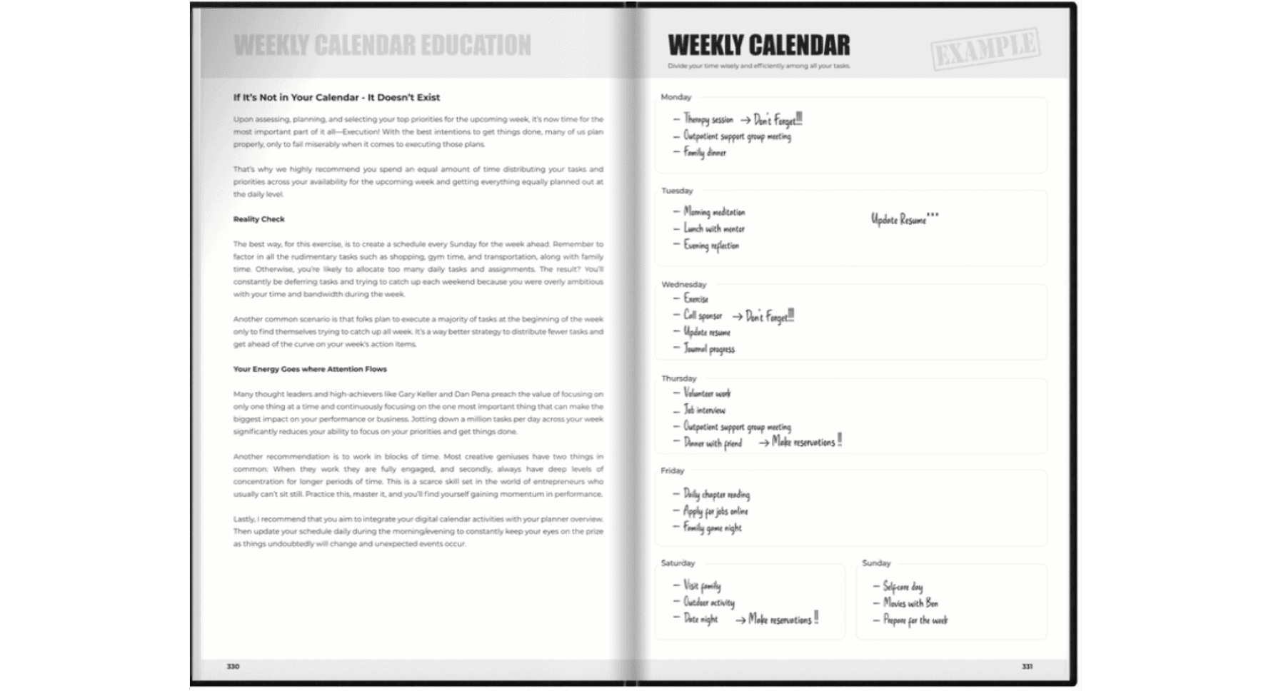 Custom alumni planner open to a two-page spread of recovery journaling pages